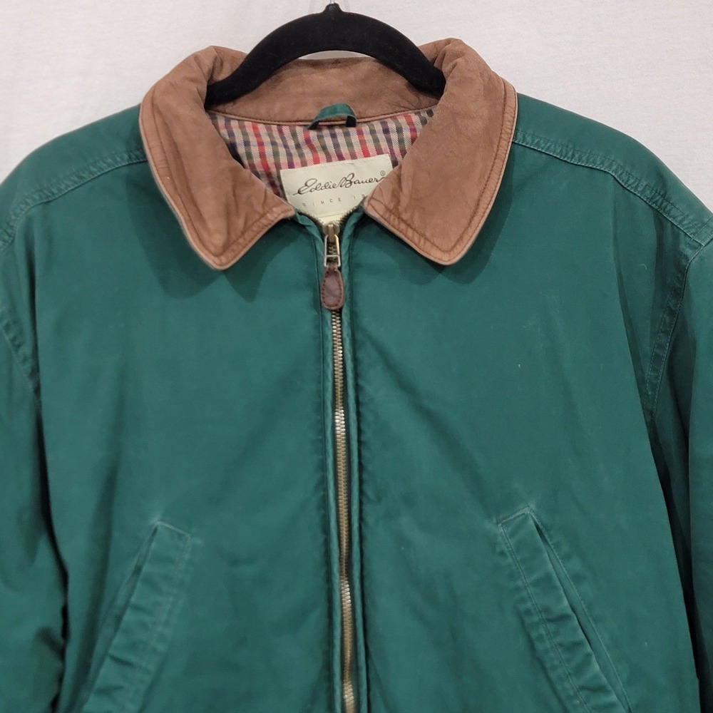VTG Eddie Bauer Goose Down Jacket Small Women Green Cotton Leather, Hiking Chore - Picture 2 of 16